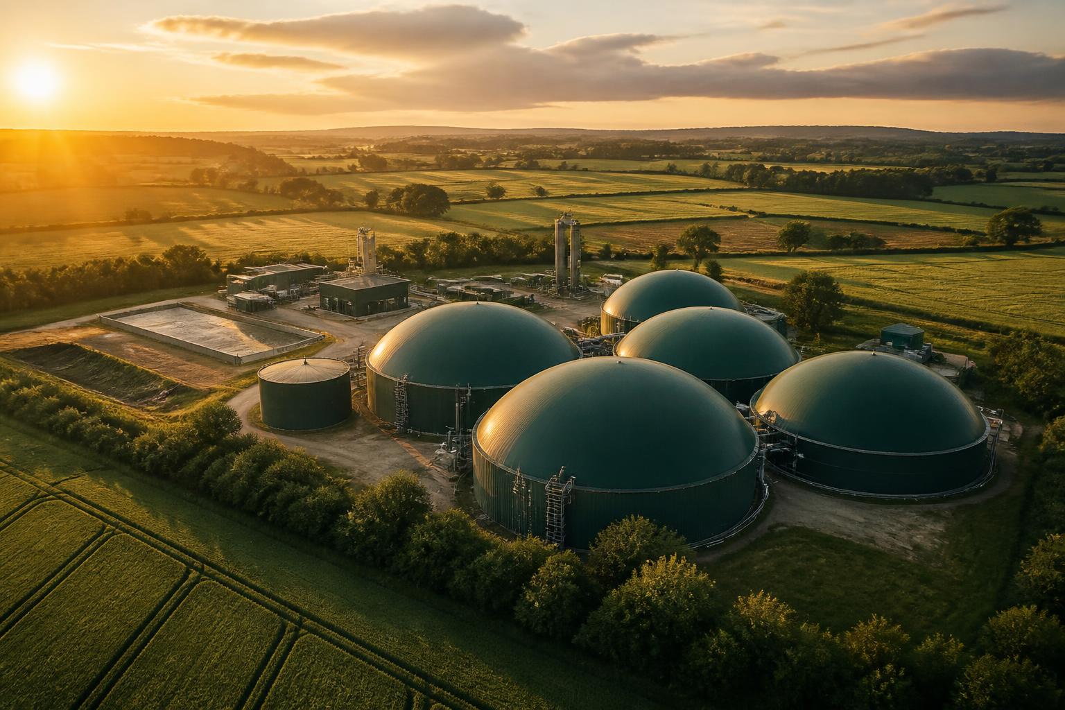 Anaerobic digester facility at golden hour